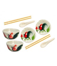 Dolls House Cockerel Dining Set Bowls Plates Chopsticks Kitchen Accessory 1:12