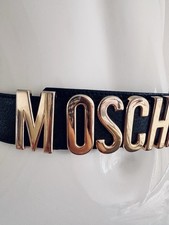 Ceinture MOSCHINO années 90 vintage cuir noir logo doré lettres monogramme...