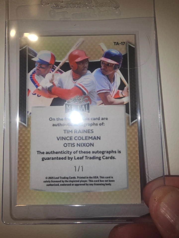 [1 de 1] Hoja de Metal 2025 Tim Raines Vince Coleman Otis Nixon Triple Automático 1/1 Foto 3 de 3