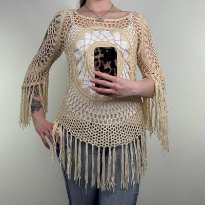Crochet knit jumper fringe cream boho 3/4 sleeve pattern