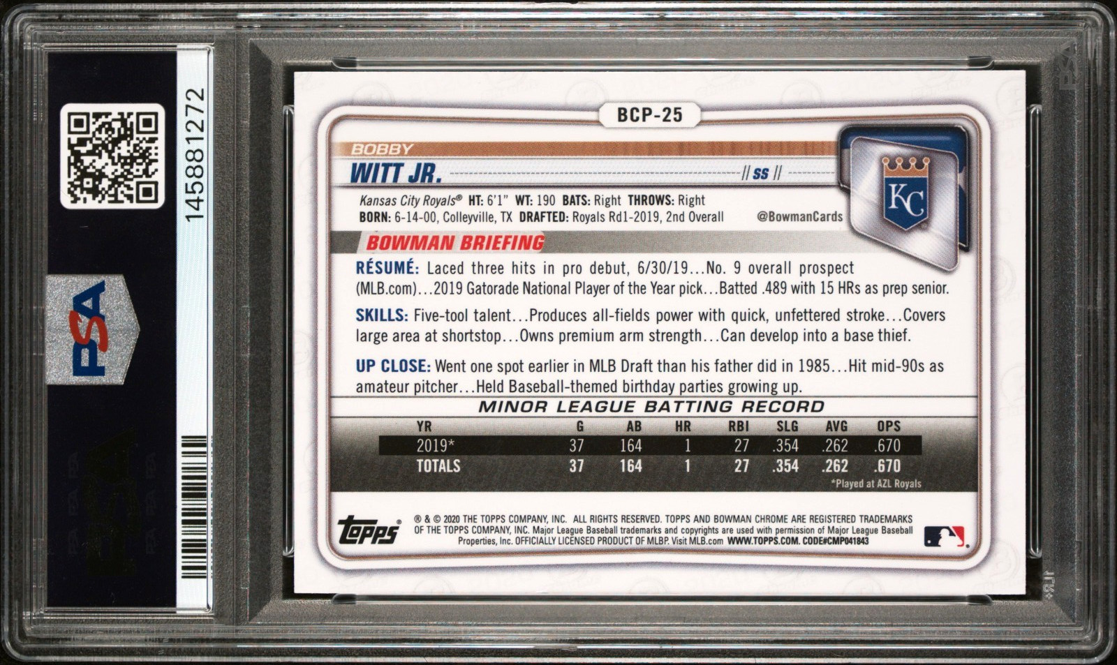 BOBBY WITT JR 2020 BOWMAN CHROME SAPPHIRE RC #BCP25 PSA 9 MINT! ROYALS#145881272 view 2