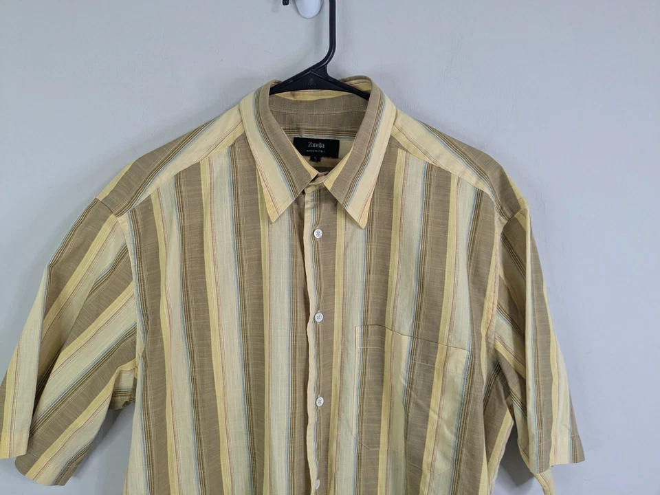 Camisa Zanella Para Hombre Grande Beige Abotonada Manga Corta Algodón Rayas Foto 2 de 4