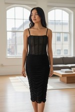 Alice + Olivia Alex Corset Gathered Mesh Dress Black Ruched Midi