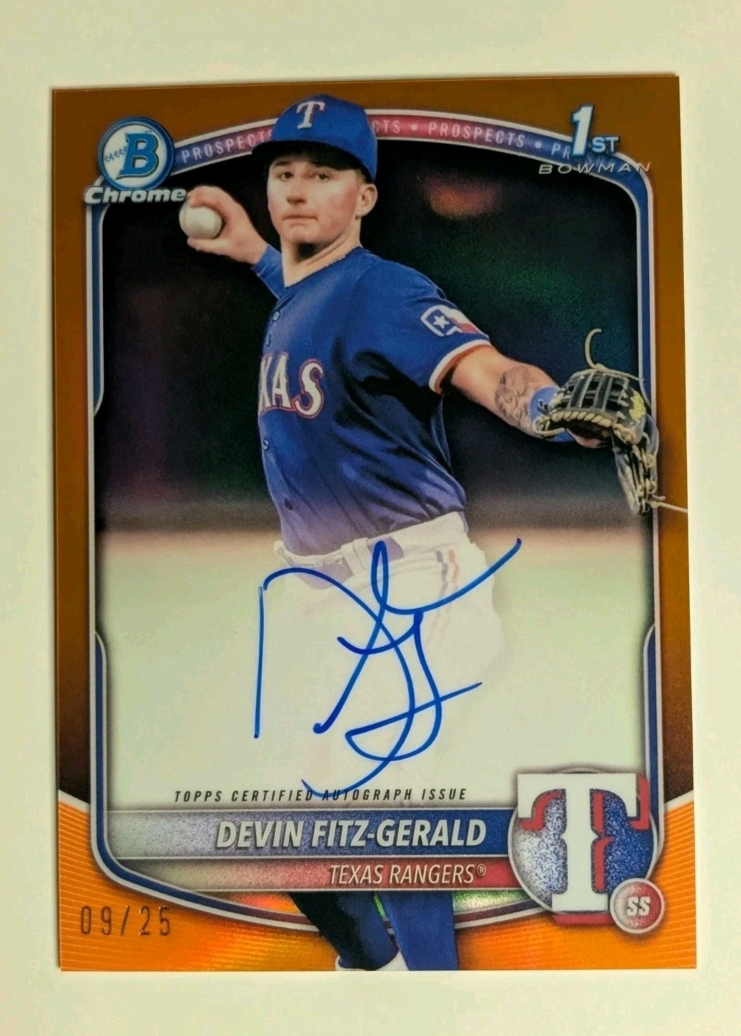 Devin Fitz-Gerald 2025 Bowman Chrome 1st Orange Refractor Auto /25 Rangers