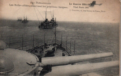Postcard Navy Battleship Fleets Observing Turkish Positions c1915 w/ Seaplane