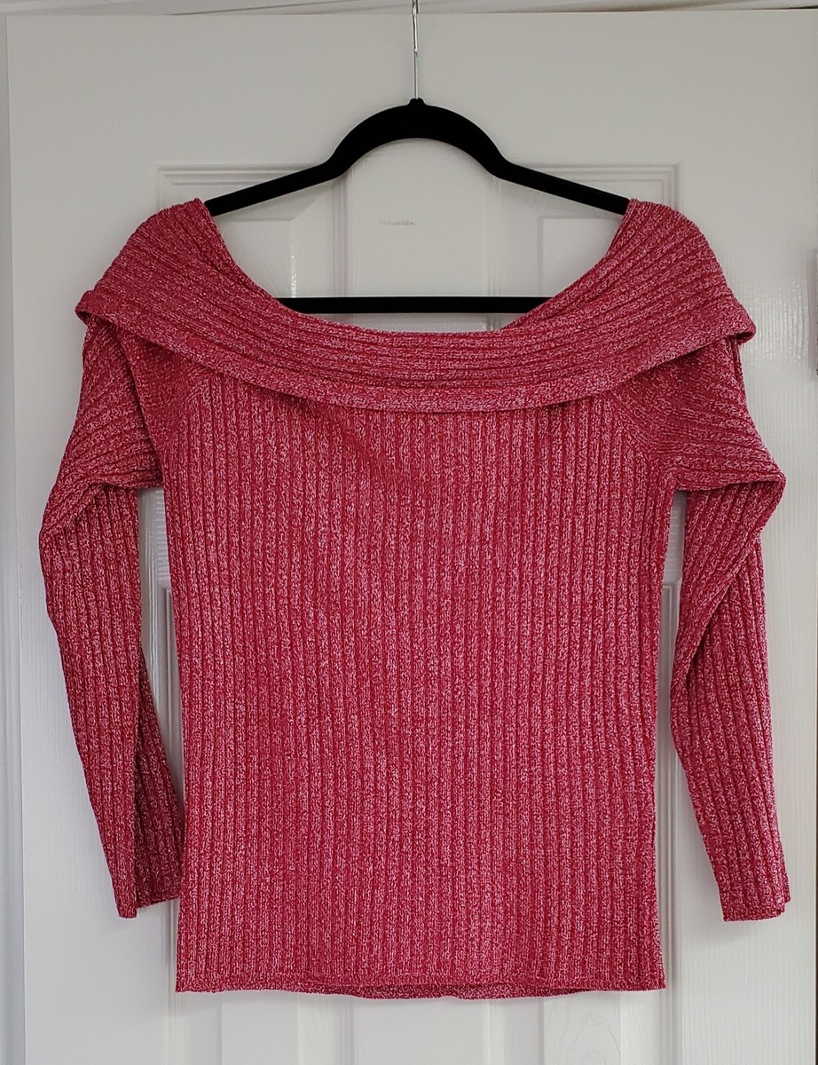 Inc Women's Pink Glitter Ribbed Long Sleeve Off The Shoulder Sweater Size M