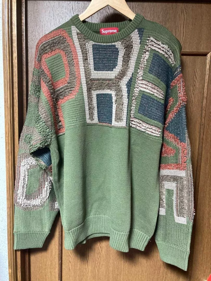 Pull Supreme logo chenille 21AW col rond tricot olive kaki vert taille XL