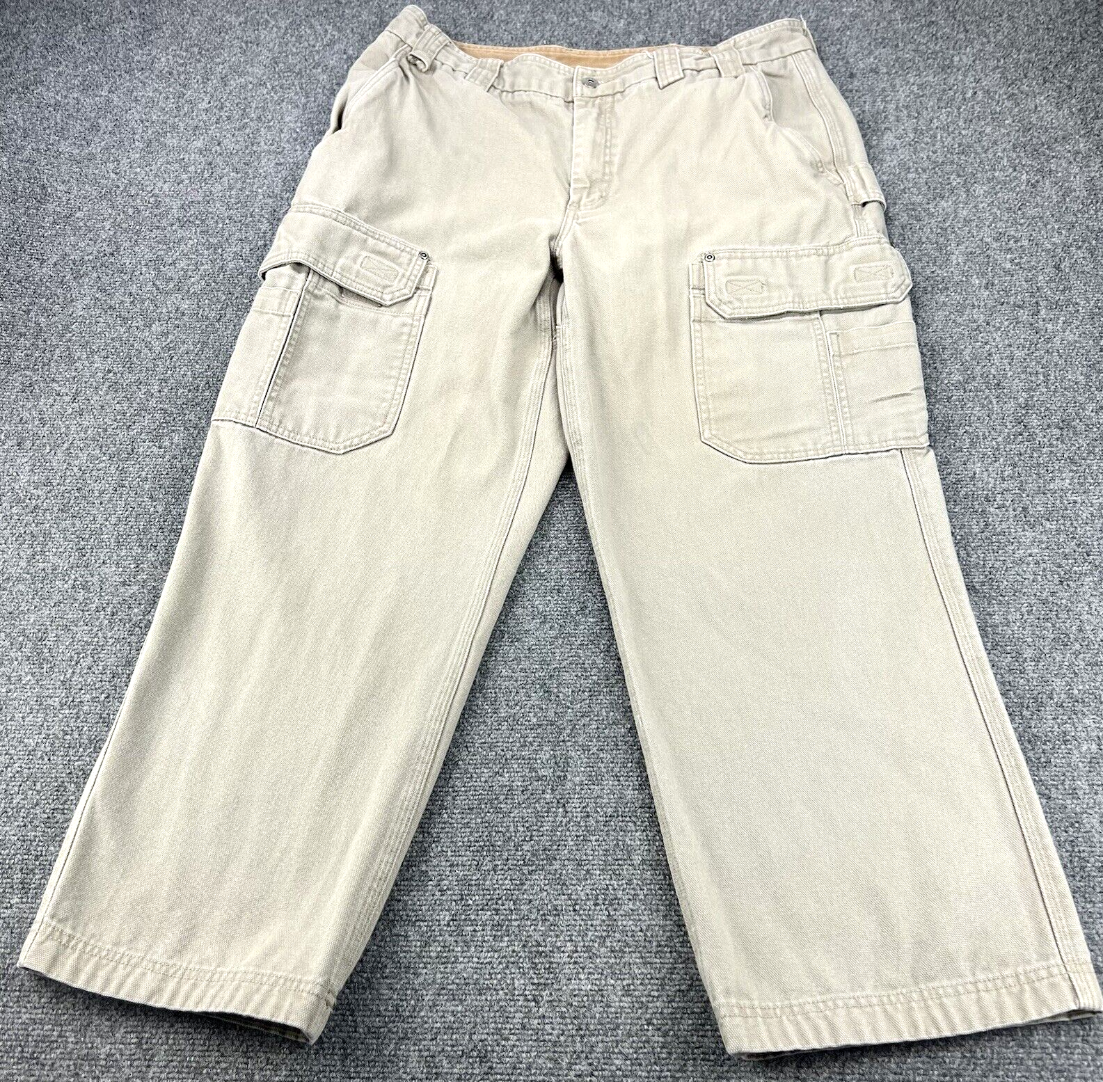 Duluth Trading Pants Mens 38x30 Tan Brown Cargo Canvas Relaxed Heavy Weight Work