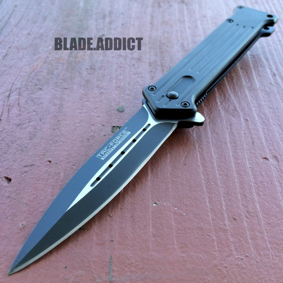 8" TAC FORCE SPRING ASSISTED FOLDING STILETTO TACTICAL KNIFE Blade Pocket Open - Image 2 of 4