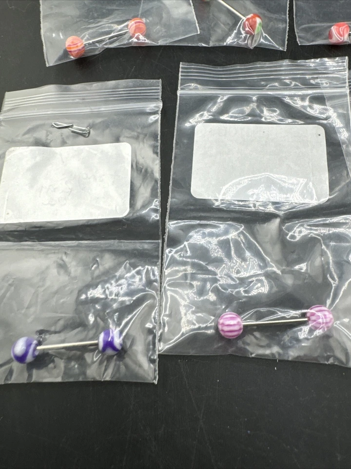 💥 Juego de 10 bolas de barra de diseño de rayas anillos de lengua acrílicos 14G colores #1 Foto 4 de 4