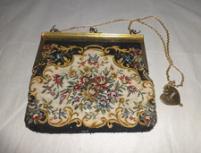 VNTG 1940s Ladies Embroidered Tapestry Clutch Purse Handbag Snap w/ Chain heart