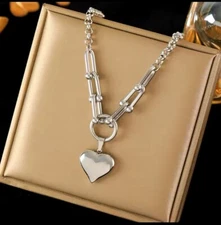 Fashion Jewelry Thick Stainless Steel Silver Link Heart Pendant Necklace 627