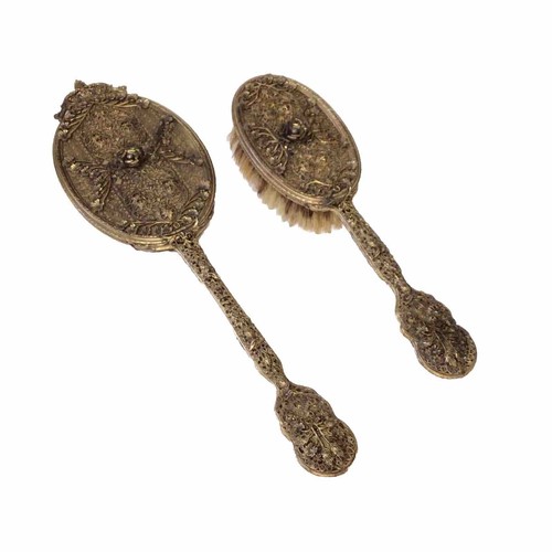 Apollo Hand Mirror & Brush Set Ormolu Filigree Floral Vanity Hollywood Regency