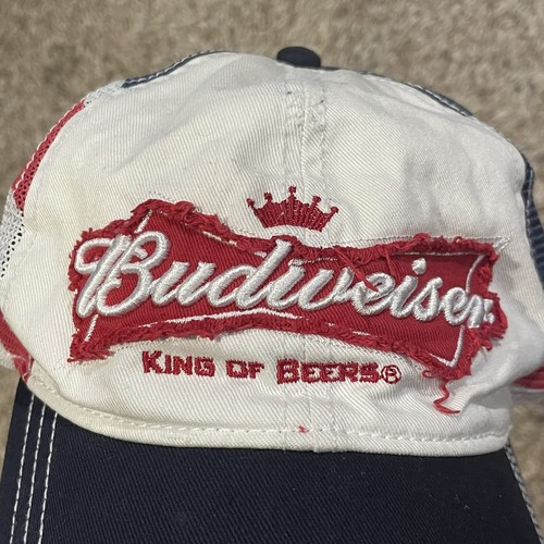 Budweiser Beer Hat Distressed Flex Fitted OSFM Red White Blue American Flag Mesh - Picture 7 of 15