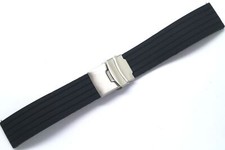 22mm Black Rubber Men Watch Band Strap Silver Tone Deployment Clasp Buckle