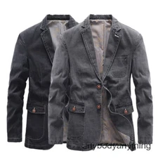 Men Denim Blazer Casual Suit Jacket Distressed Cotton Jean Coat Outwear Slim M L