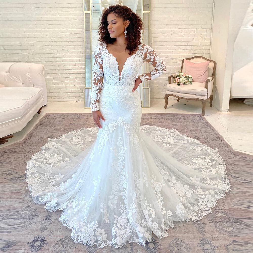 V Neck Mermaid Wedding Dresses Long Sleeves Appliques Sweep Train Bridal  Gowns | eBay
