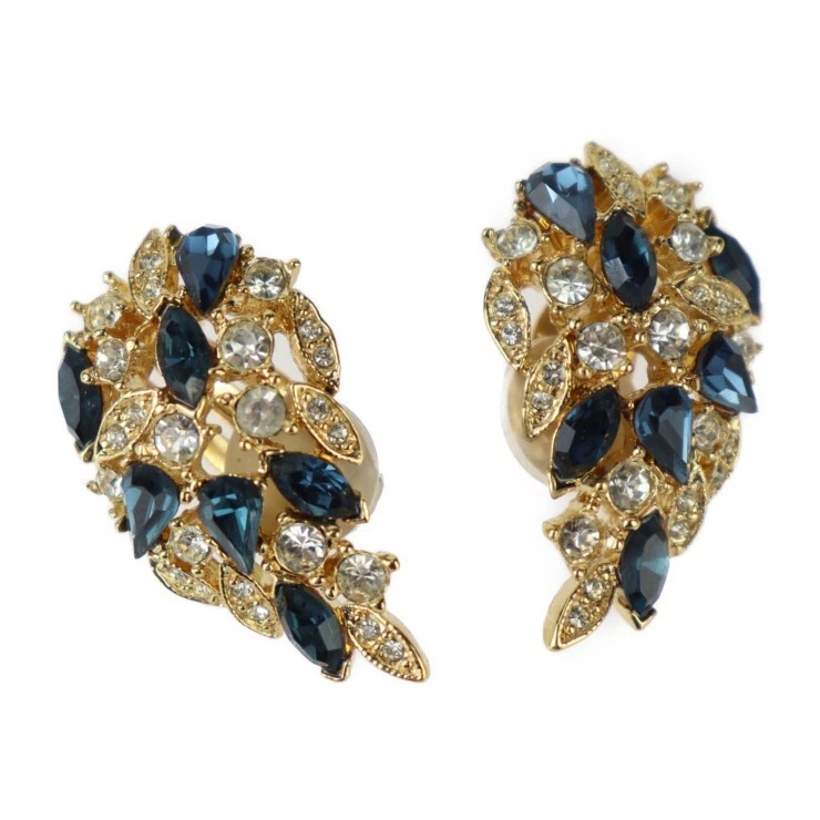 Juego de Pendientes y Broches D’ORLAN Metal Dorado Estrás Azul Transparente Usado Foto 2 de 4