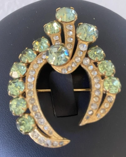 Eisenberg Signed Ice Brooch Green Rhinestone Gold Tone Vintage