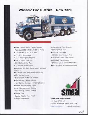 Smeal Custom Tanker/Pumper fire truck spec / sell sheet 2007 Wassaic NY FD