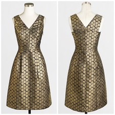 J. Crew Women's Gold Black Metallic Dot Jacquard V-Neck Dress Size 8 NEW