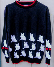VINTAGE 70'S WOMEN'S NOVELTY SWEATER WITH CATS & HEARTS SZ LRG ACRYLIC USA MADE