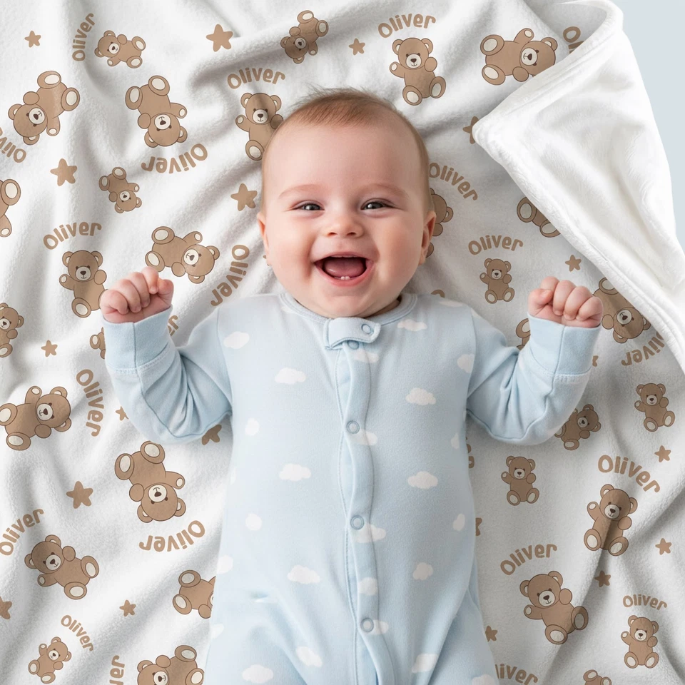 Personalized Baby Soft Fleece Bear Blanket, Custom Name Newborn Blanket - Image 4 of 4