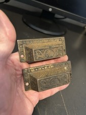 PAIR ANTIQUE EASTLAKE VICTORIAN CABINET CUPBOARD DRAWER CAST IRON 3 5/8 BIN PULL