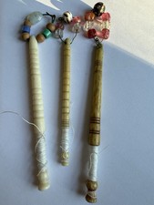 3 DELIGHTFUL ANTIQUE BONE LACE MAKING BOBBINS WITH SPANGLES (lot g)