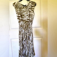Nine West Women's Medium Midi Dress Brown & White Zebra Print Sleeveless Pleated