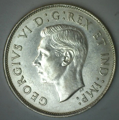 1943 Canada Silver Fifty Cents Coin 50c Canadian Half Dollar Almost Uncirculated