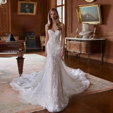 Pearls Lace Mermaid Wedding Dress Sweetheart Neck Bridal Gown 3D Flower Dresses