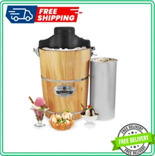 Elite Gourmet 6 Quart Ice Cream Maker – Vintage Wood Bucket, Bonus Hand Crank