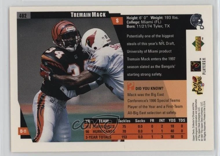 1997 Upper Deck Collector's Choice Tremain Mack #402 Rookie RC - Image 2 of 2