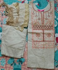 Women's Round Neck Ass Color Brown Yellow Flower Embroidery Cotton Kurtis Set