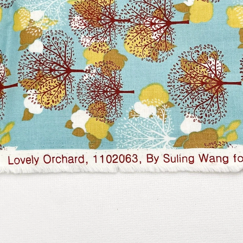 Lovely Orchard Suling Wang Camelot Cottons Fabric Blue Red Trees 31" x 42" - Image 4 of 4