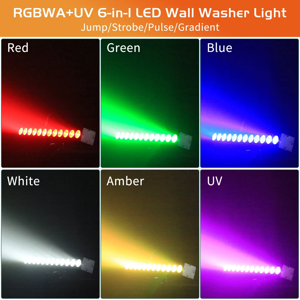 12LED RGBWA+UV Wall washer Light DMX DJ Disco Show Rechargeable Stage Light Bar - Image 4 of 4