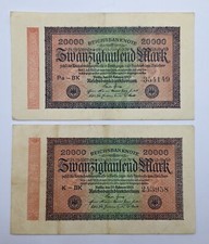 20000 Mark Germany Paper Money Old Banknote Currency Note VTG 1923  (Lot Of 2)