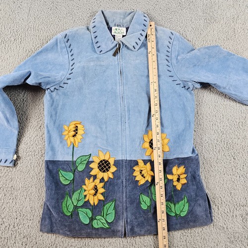 Vintage Quacker Factory Jacket Womens Small Blue Sueded Leather Sunflowers NEW - Picture 14 of 16