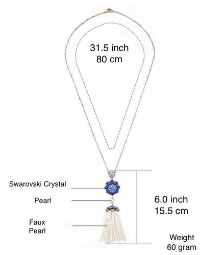 Gold Plated Long Pearl Tassel Blue Pendant Necklace made w Swarovski Crystal - Picture 8 of 12