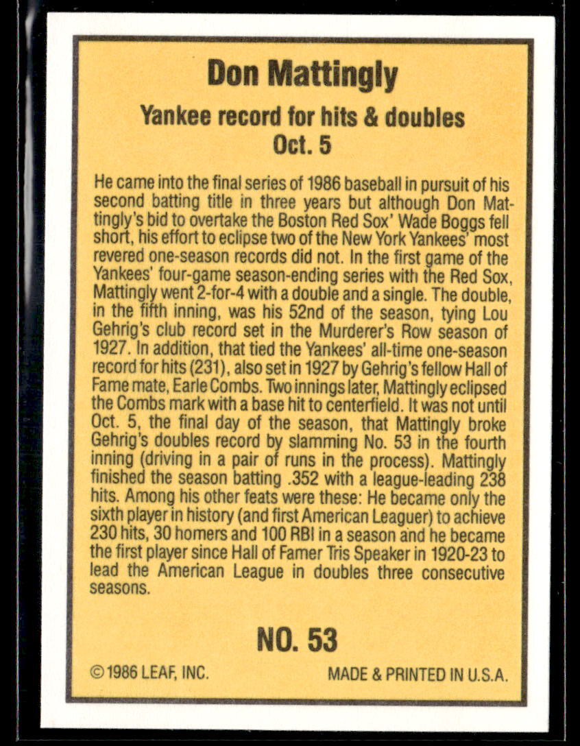 1986 Donruss Highlights 53 Don Mattingly Baseball Card 0501G eNotary