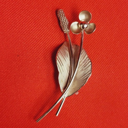Silver Tone Flower Leaf Brooch Pin