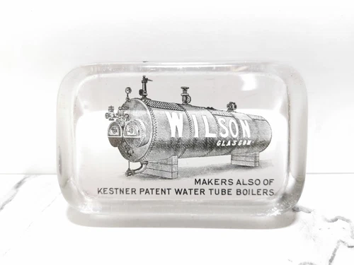EARLY 1900S ANTIQUE GLASS ADVERTISING PAPERWEIGHT WILSON BOILERS GLASGOW REF2932