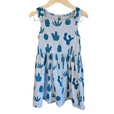 Tea Collection Girls 4 Gray Teal Blue Cactus Button Strap Pinafore Dress