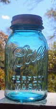 Vintage BALL PERFECT MASON Fruit Jar Aqua Quart Zinc Lid Boldly Embossed L@@K