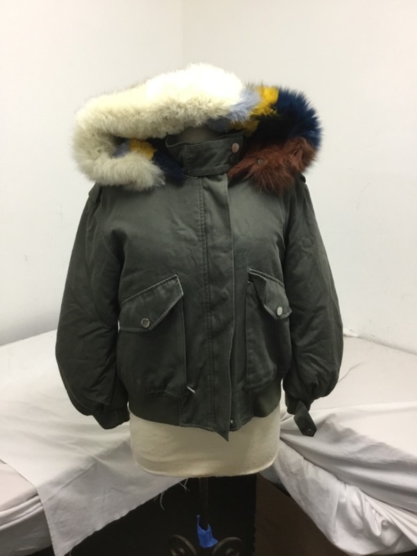 Maje, Green Cotton Blend Parka, Multi Color Hooded Fur, Pockets, Sz 36, (SR777)