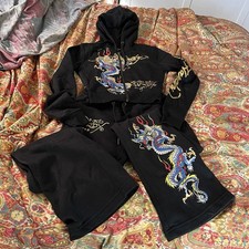 XS ED HARDY Dragon Crop Hoodie PANTS SET SWEATSUIT TRACKSUIT Black Gold RARE