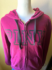 PINK Victoria's Secret Women's Burgundy Logo Fleece Full Zip Hoodie M Pockets