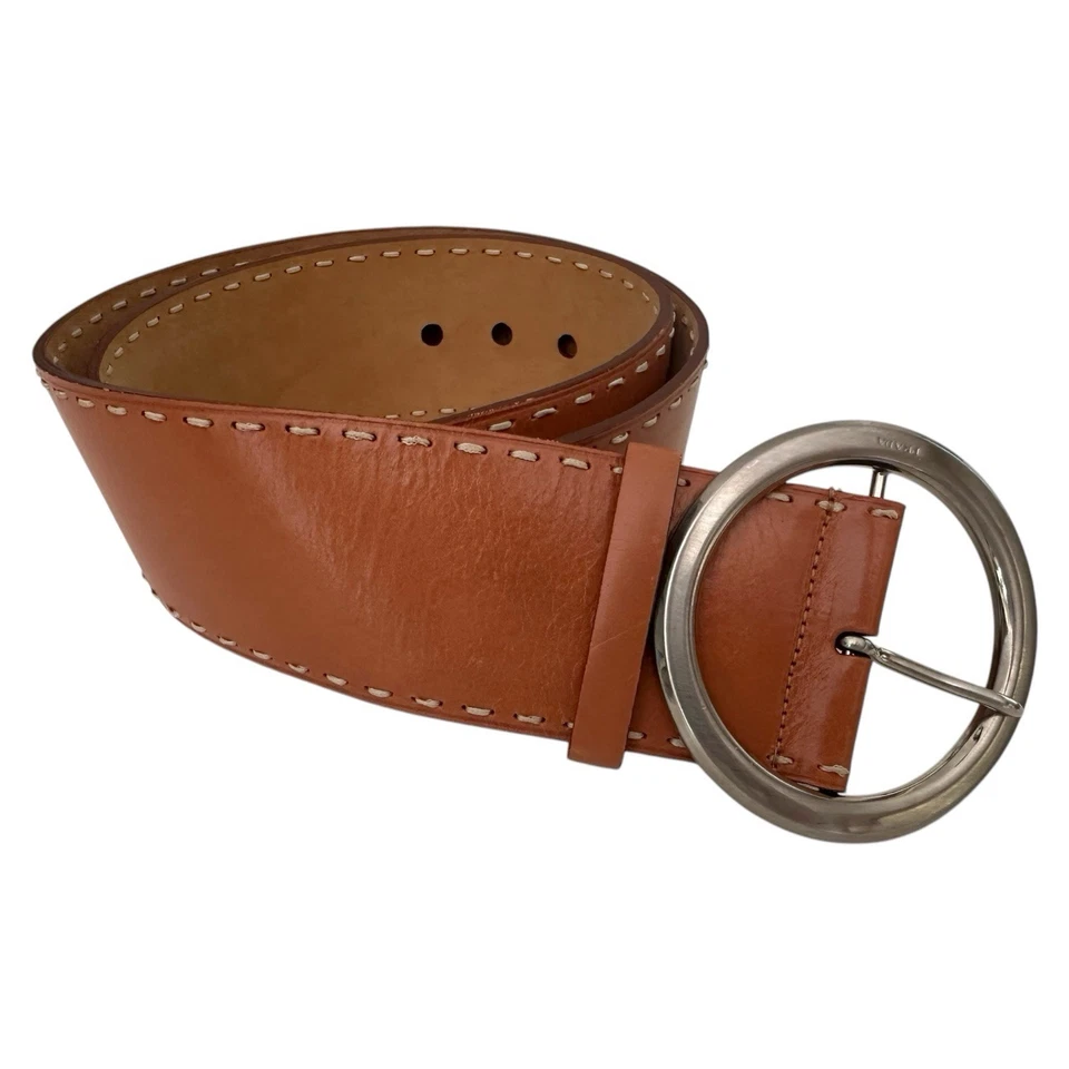 PRADA Belt Women 36 EU 90 Wide Leather Brass Round Buckle Hippie Statement Italy - Image 4 of 4