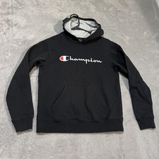 Champion Hoodie Youth Large Black Script Logo Pullover Sweatshirt Fleece C Patch